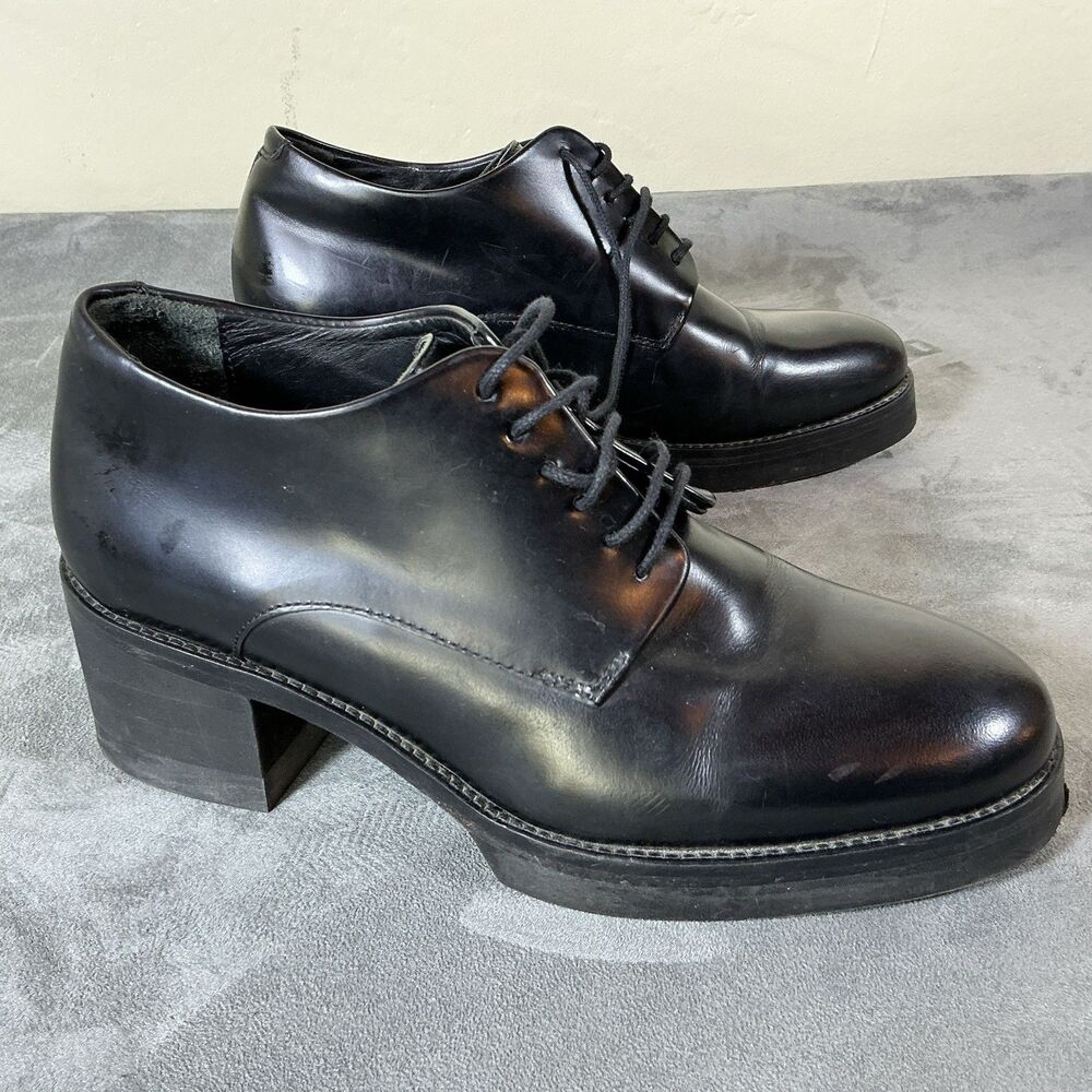 COS Black Lace Up Oxford Womens 38 Portugal Leather Shoes 8 M Chunk Heel